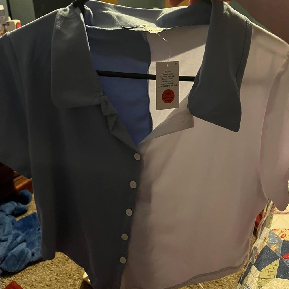 Half blue half white button up crop top